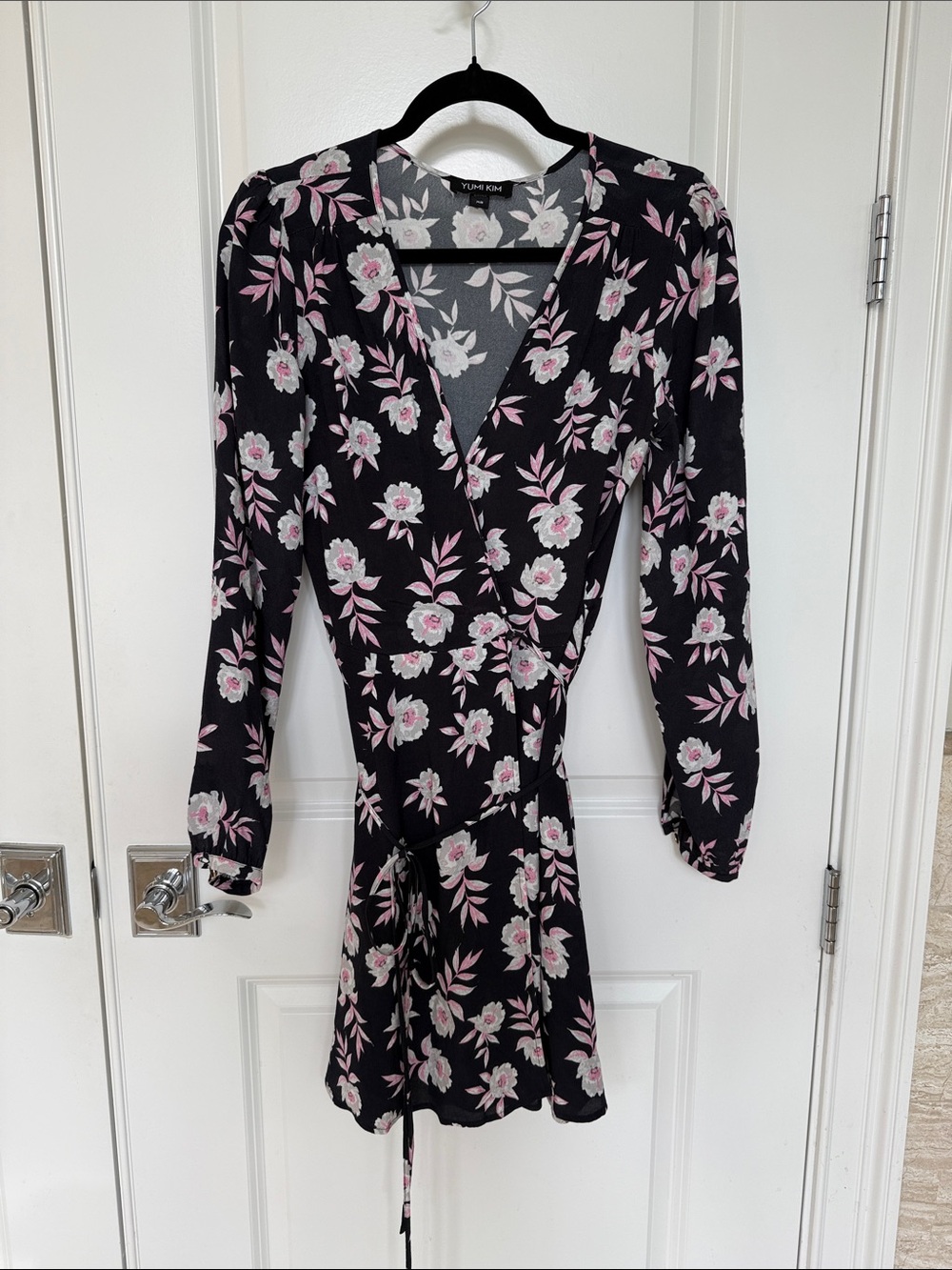 Yumi Kim Black Floral Wrap Mini Dress with Pink & White Blossoms